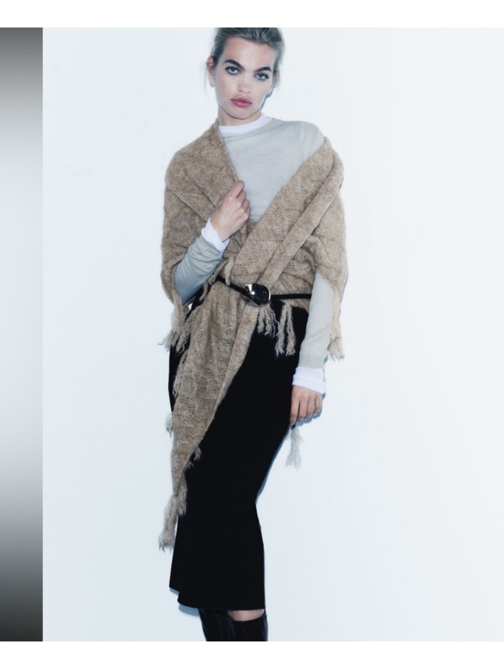 Zara wool alpaca fringed shawl scarf cape